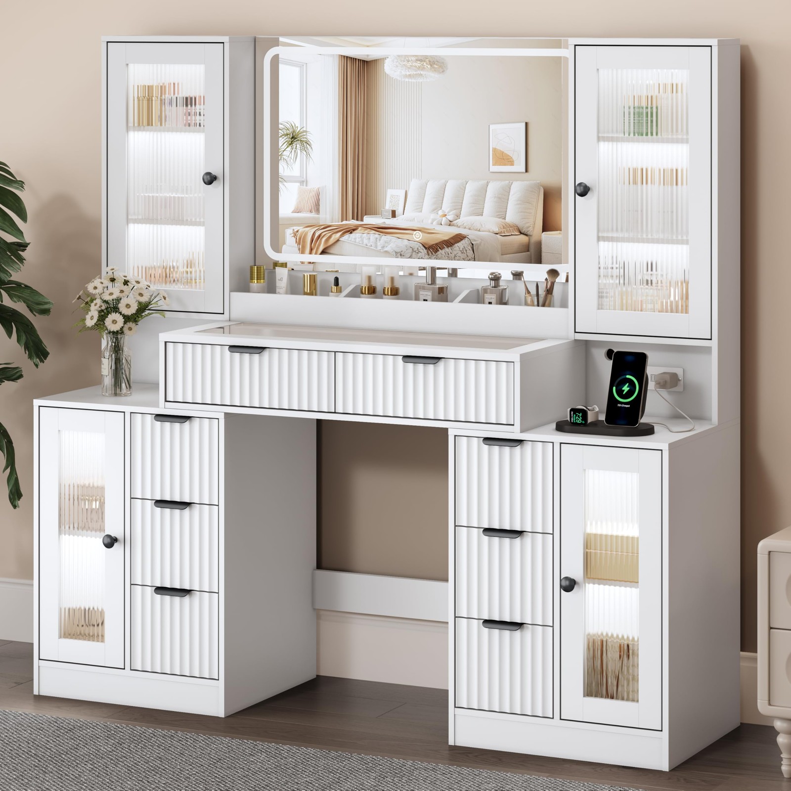 55 Vanity Desk w/ 3-Color Lighted Mirror 8 Drawers 4 Cabinets Charging Station