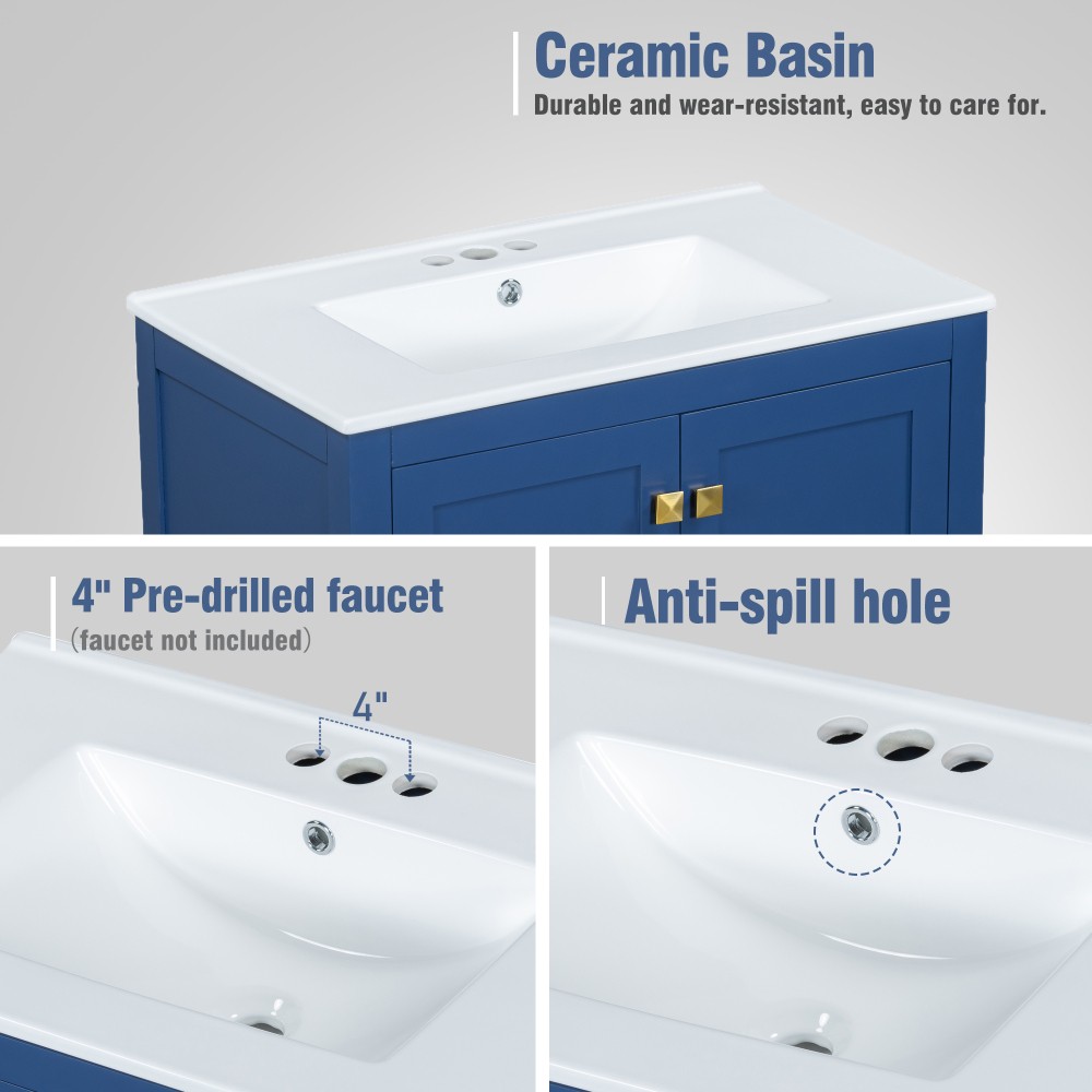 30″ Transitional Bathroom Vanity,Ceramic Sink,2 Door Cabinet & Drawer,Solid Wood