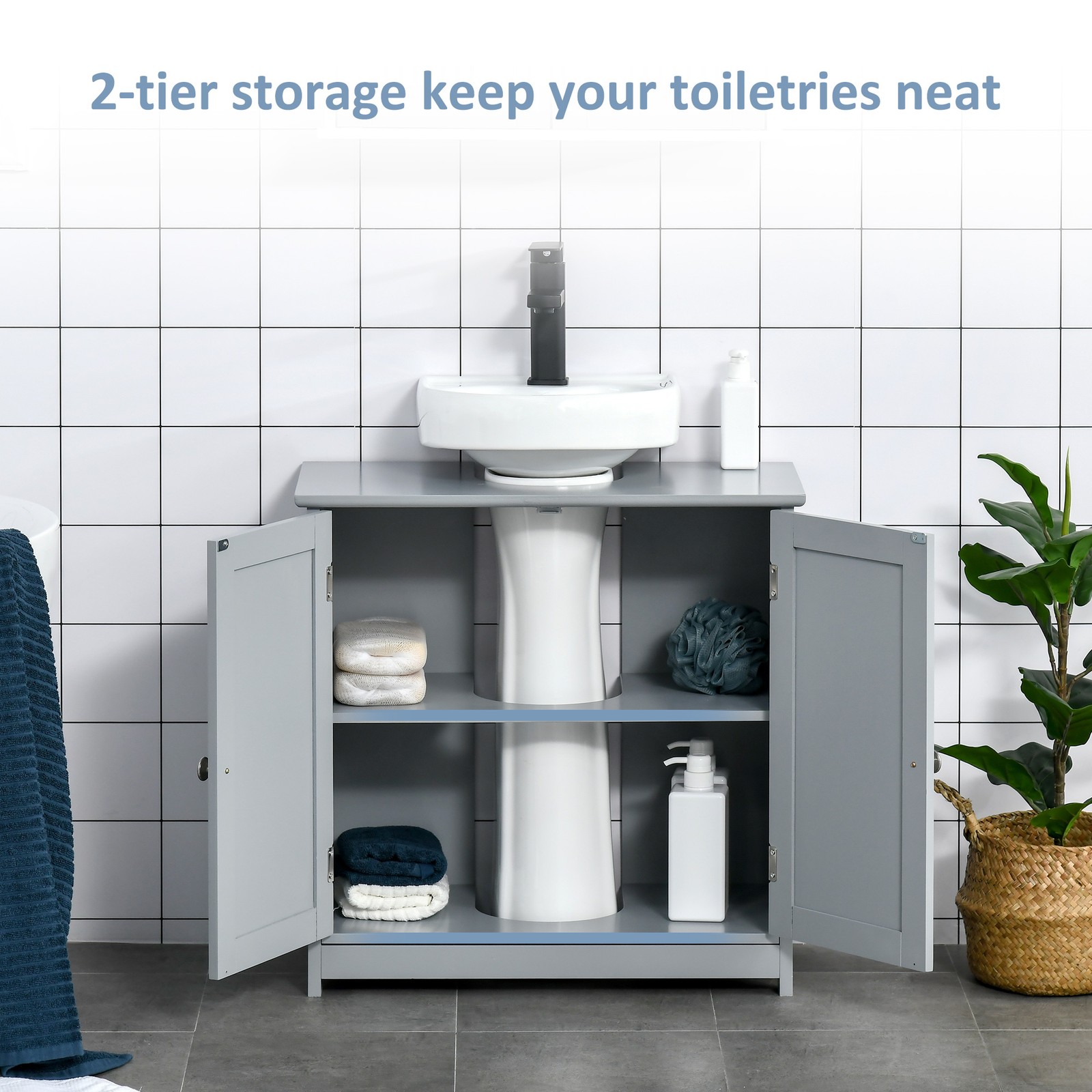 Short Pedestal Sink Washroom Storage Furniture w/Double Doors and Moveable Shelf