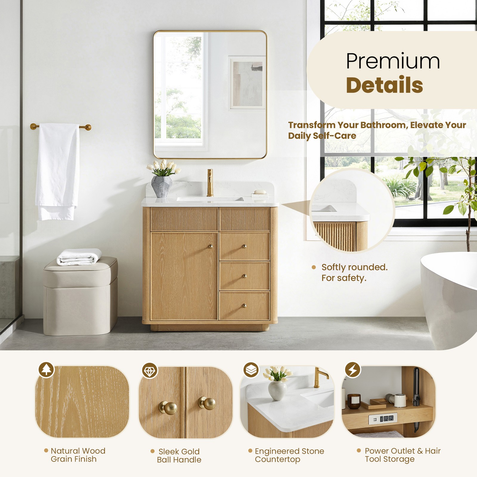 Zogno 36″ Solid Wood Single Bath Vanity in Washed Ash Gray with White Stone Top