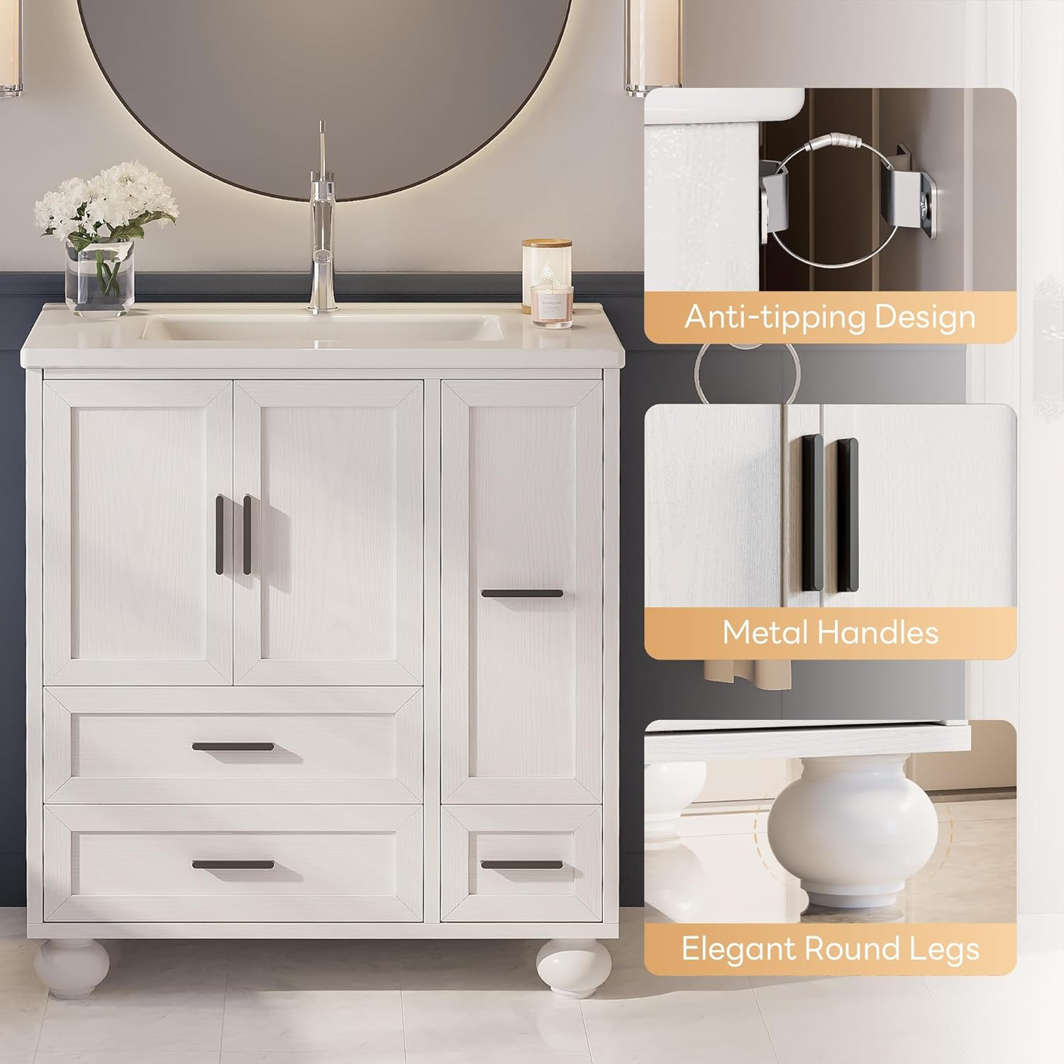 Modern 29.5″ Bathroom Vanity with Sink, Hair Tool Drawer & Quick Assembly