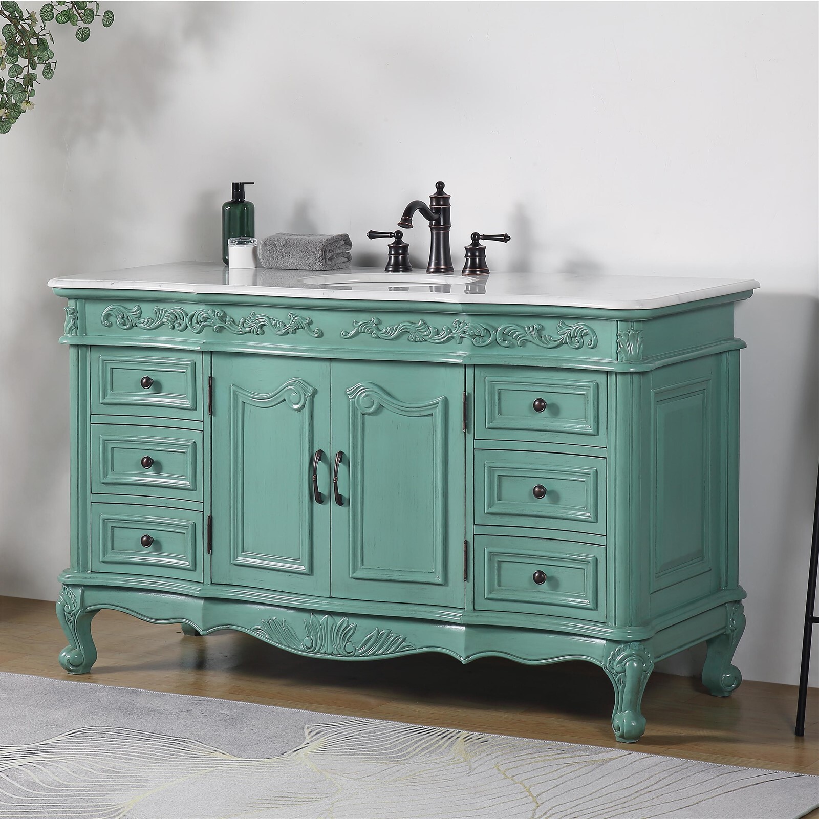 60″ Carrara White Marble Top Single Sink Bathroom Vanity Vintage Green Cabinet