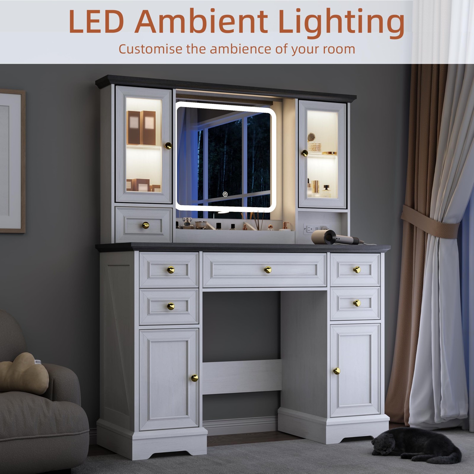 Farmhouse Vanity Desk with Mirror Lights Power Outlet USB 6 Drawers 4 Cabinets