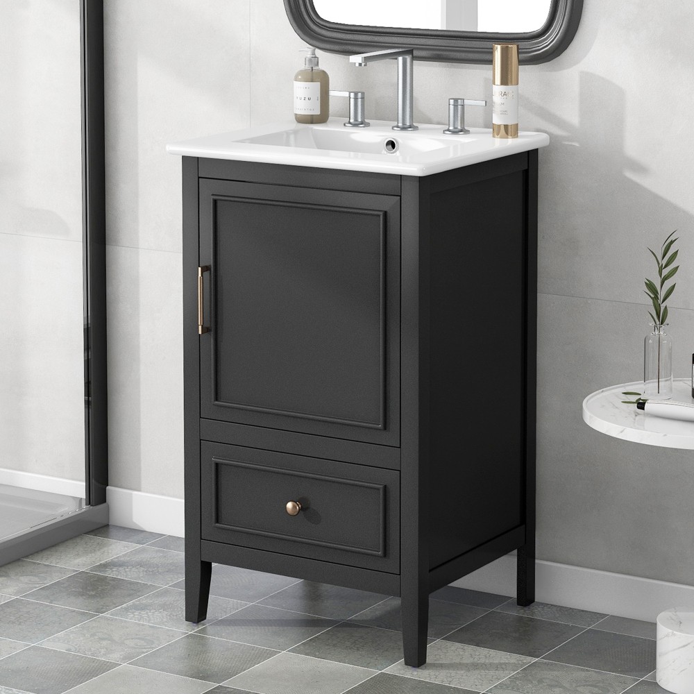 20″ Black Bathroom Vanity with Ceramic Sink Solid Wood MDF Cabinet