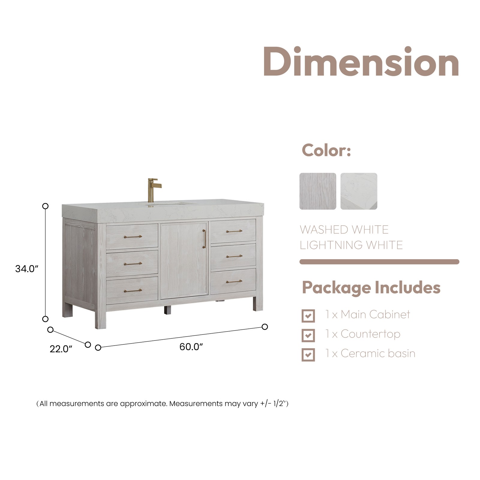 Leon 60″ Single Bathroom Vanity in Washed White w/ Composite in Lightning White