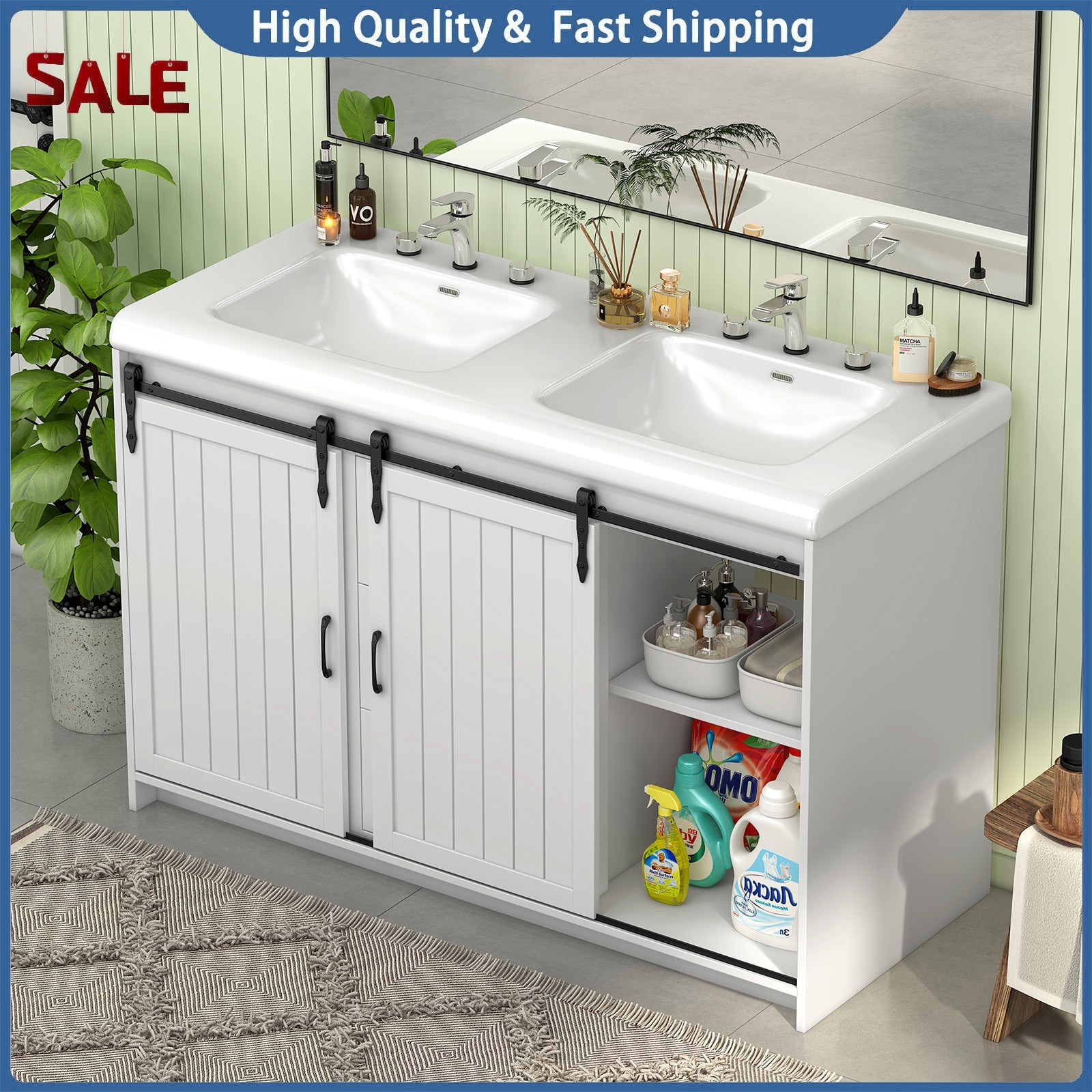 47″ Bathroom Vanity Cabinet with Double Sink Freestanding Storage Cabinet