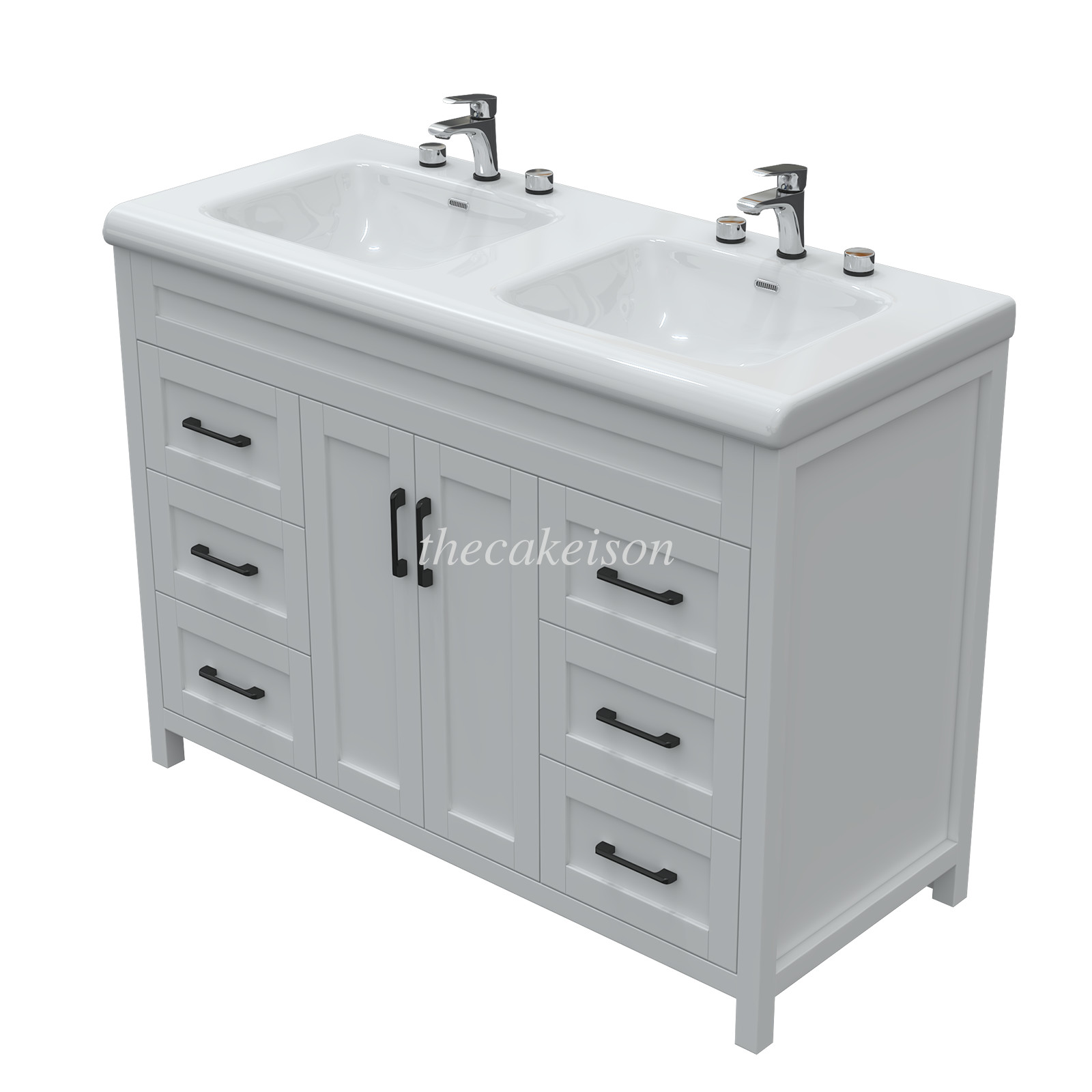 47.3″ Bathroom Vanity Cabinet White Freestanding Drawers + Double Sink Ceramic