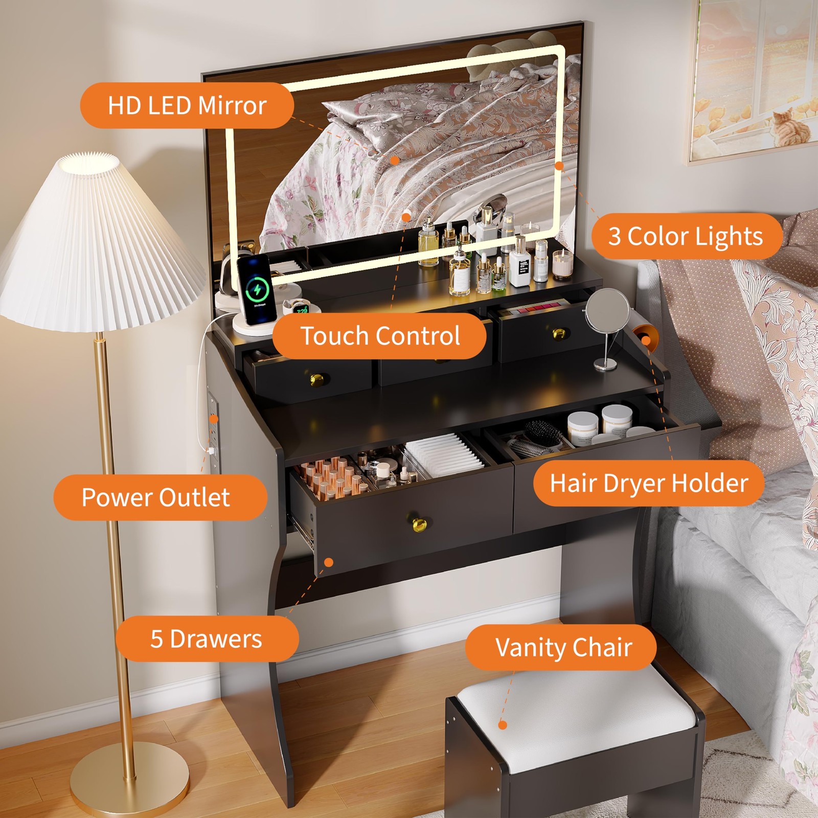 31.5-Inch Vanity Set Stool LED Mirror Hairdryer Holder Power Outlet