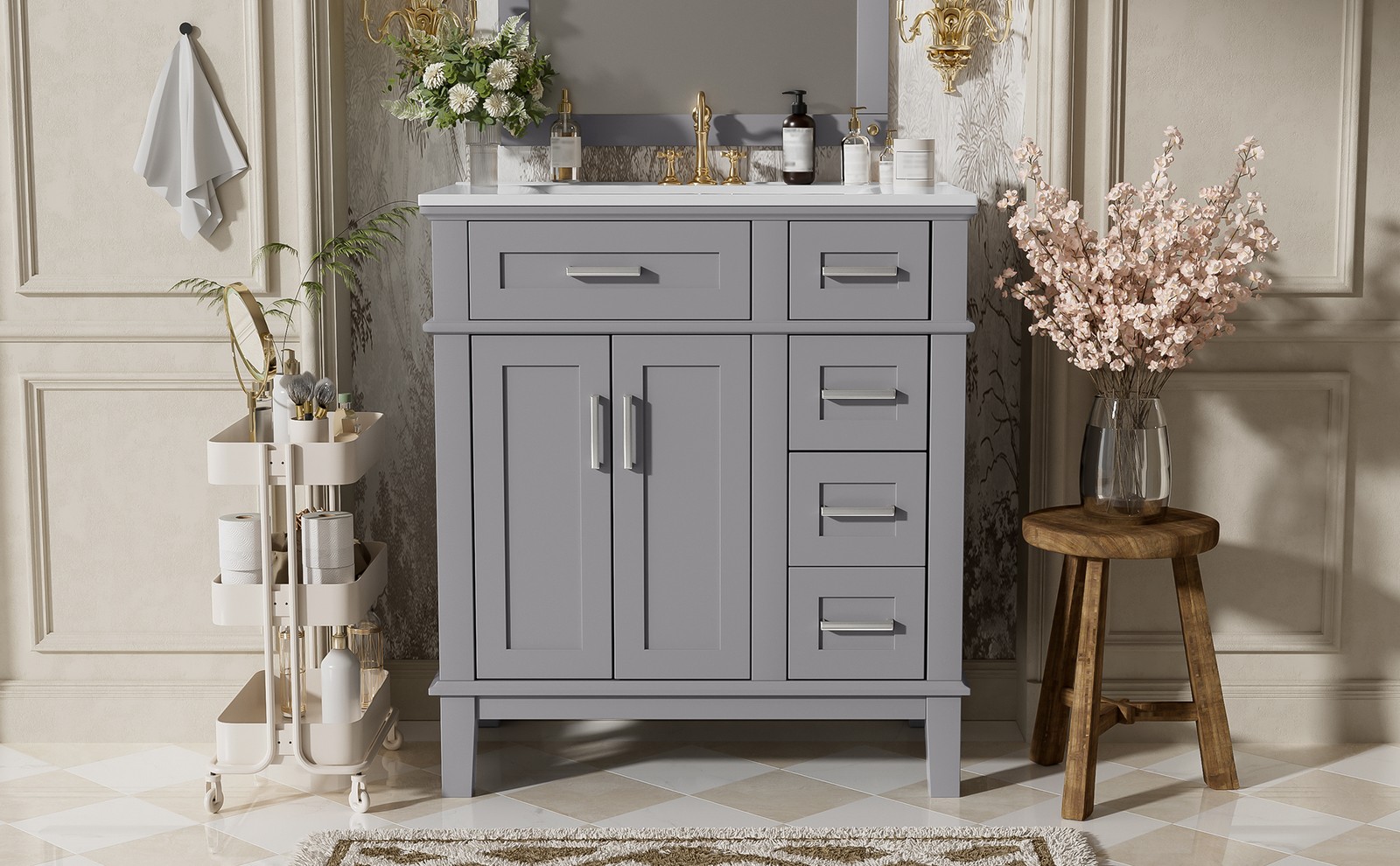 30″ Bathroom Vanity w/Ceramic Sink, Modern Storage Cabinet w/Soft-Close Doors