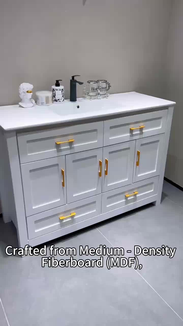 48 Inch White Bathroom Vanity with Resin Sink and Storage Cabinet