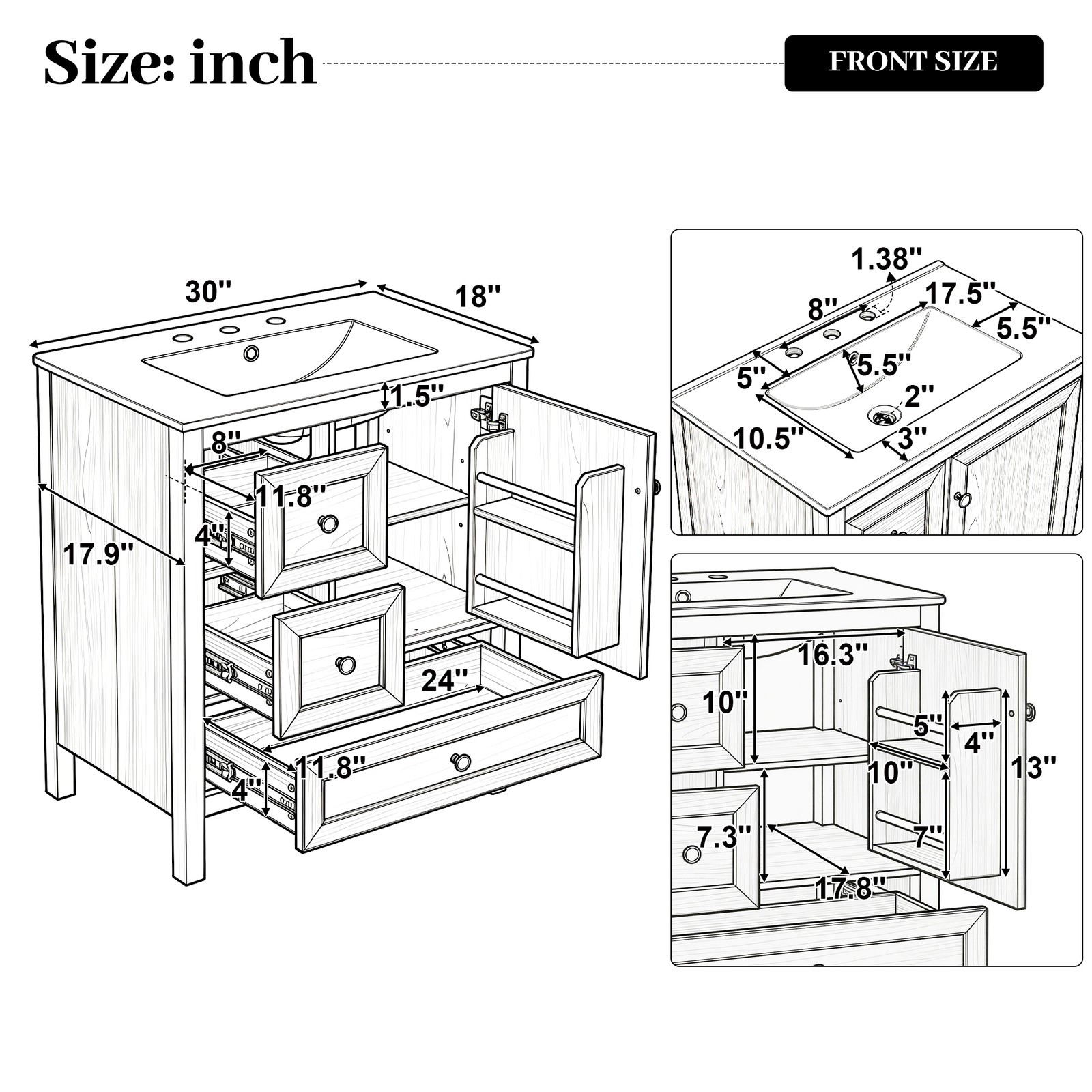 30″ Bathroom Vanity with Ceramic Sink Wood Grain Cabinet with Soft-Close Drawer