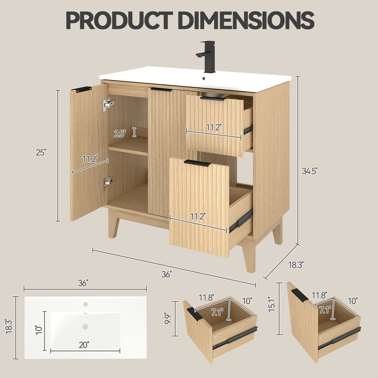 36″ Modern Light Oak Bathroom Vanity with Undermount Sink & Soft-Close Doors
