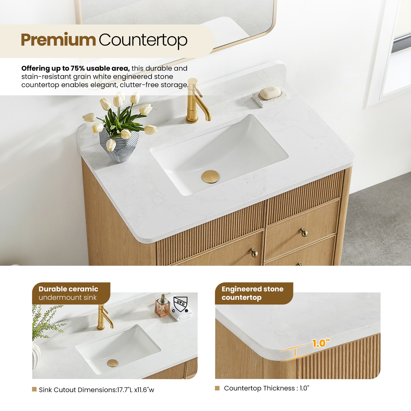 Zogno 36″ Solid Wood Single Bath Vanity in Washed Ash Gray with White Stone Top