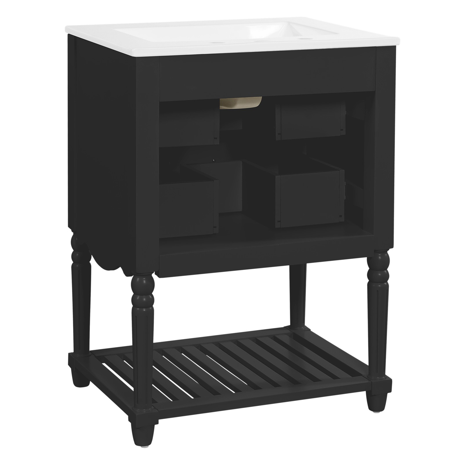 FUNIDEE 24″ Vintage Bathroom Vanity Storage Cabinet with Ceramic Sink Black