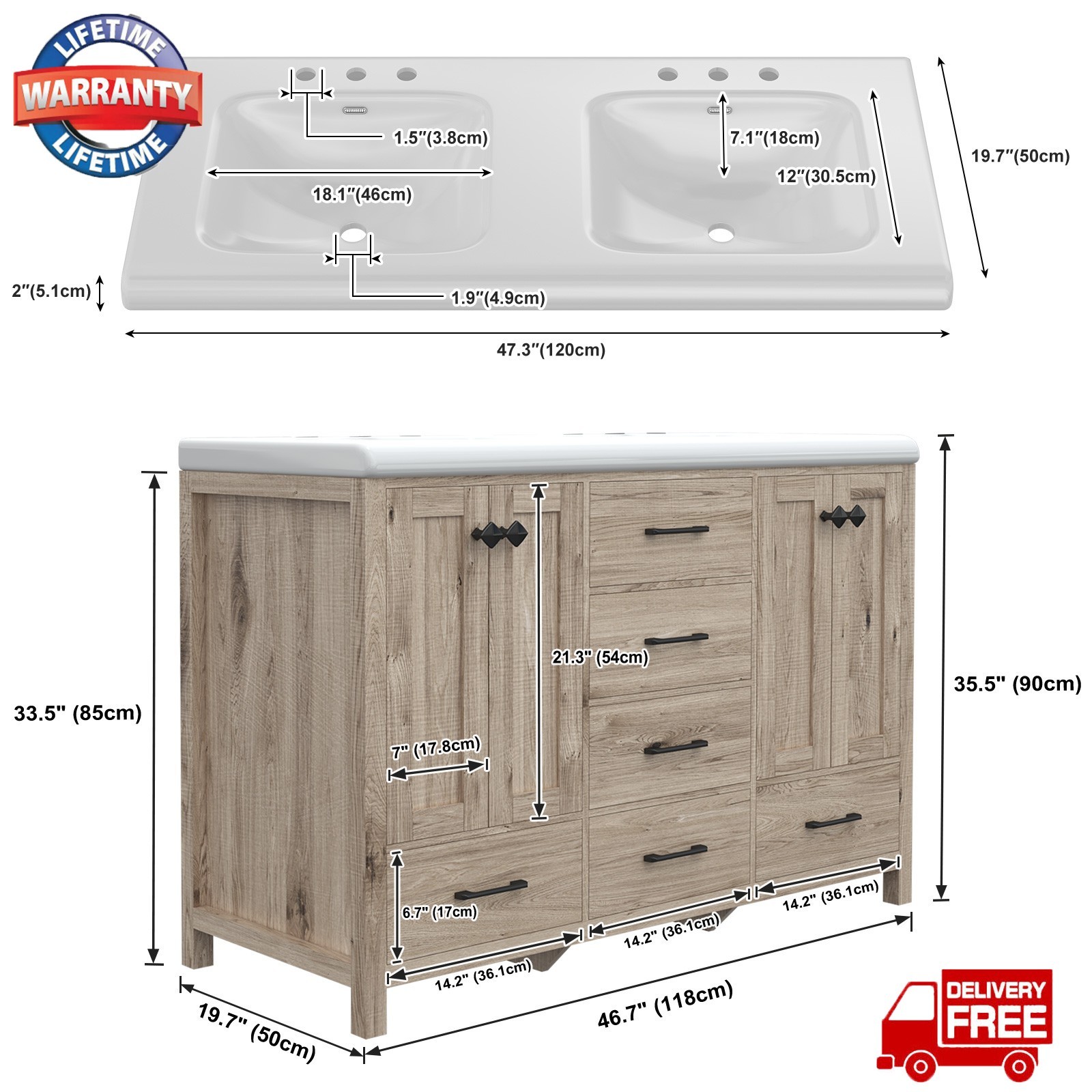 46.7″ Bathroom Vanity Double Sink Ceramic Freestanding Cabinet Wood Grain Modern