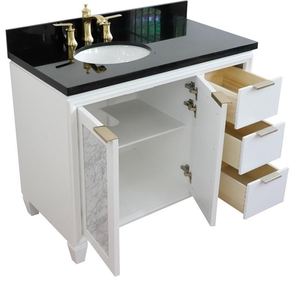 Pemberly Row 43″ Solid Wood Vanity with Left Oval Sink in White/Black Galaxy