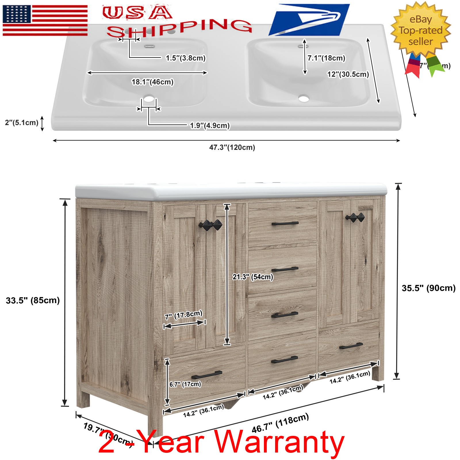 47.3″ Bathroom Vanity With Double Sink Stoarge Drawers Cabinets No Mirror Faucet