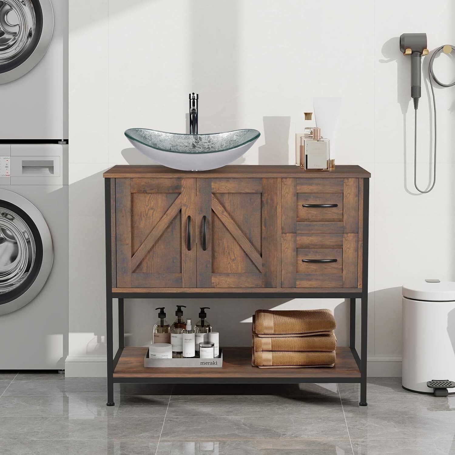 36″ Bathroom Vanity Storage Cabinet with Drawer and Open Shelf Basin Sink Combo