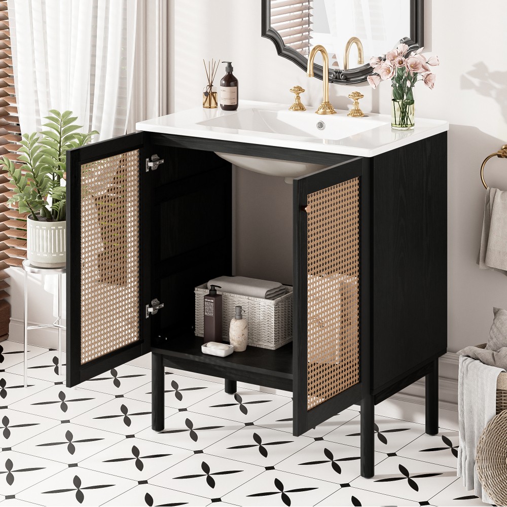 30in Solid Wood Bathroom Vanity Ceramic Sink Soft Close 2 Doors Storage Cabinet
