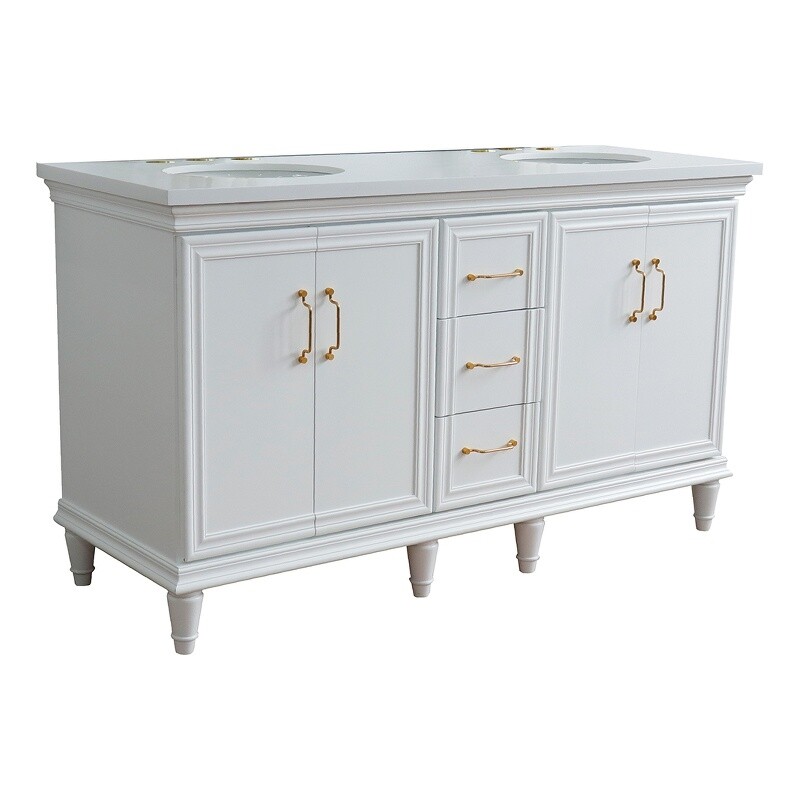 61 in. Double Wooden Vanity White White Quartz Oval Sink