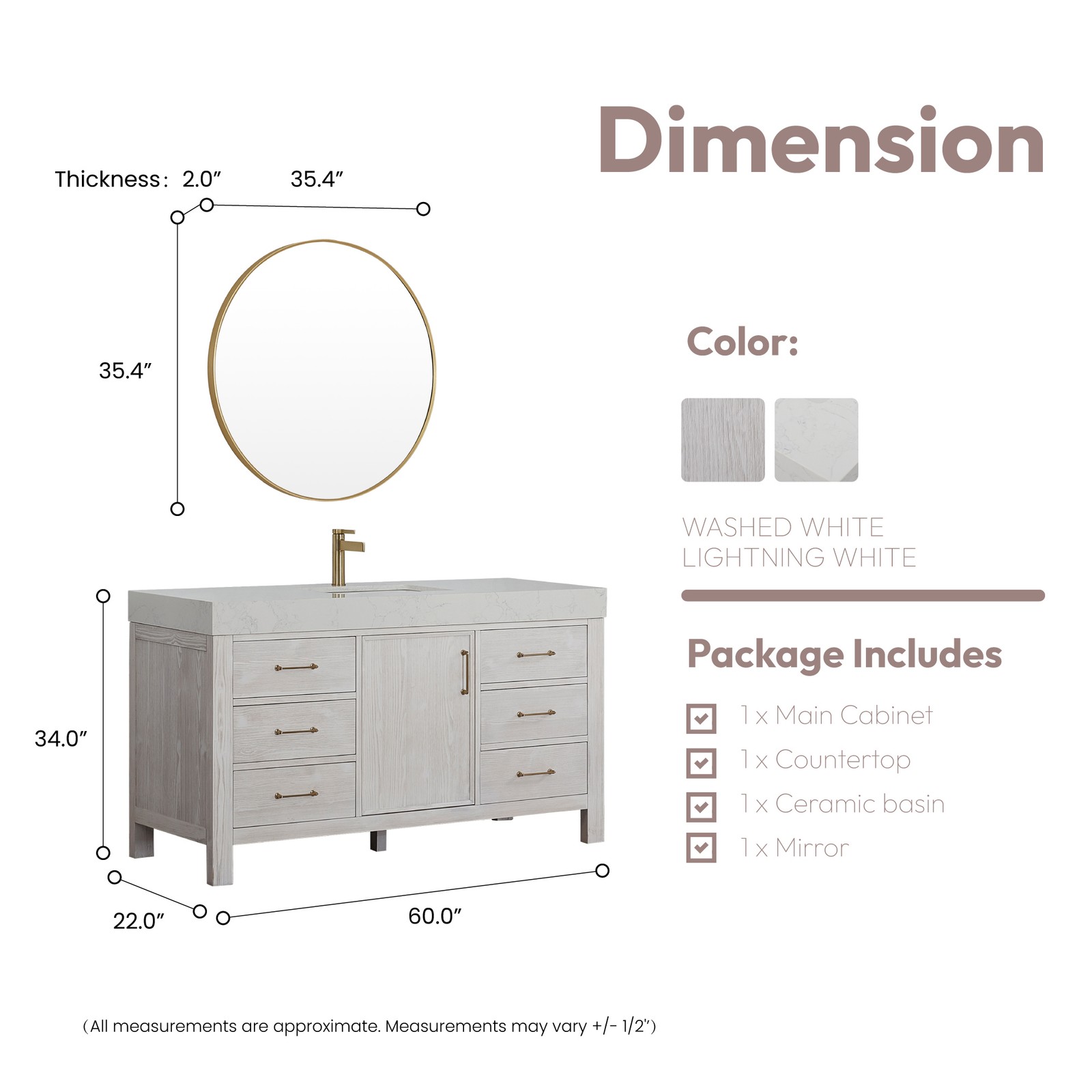 Leon 60″ Single Bathroom Vanity in Washed White w/Lightning White top & Mirror