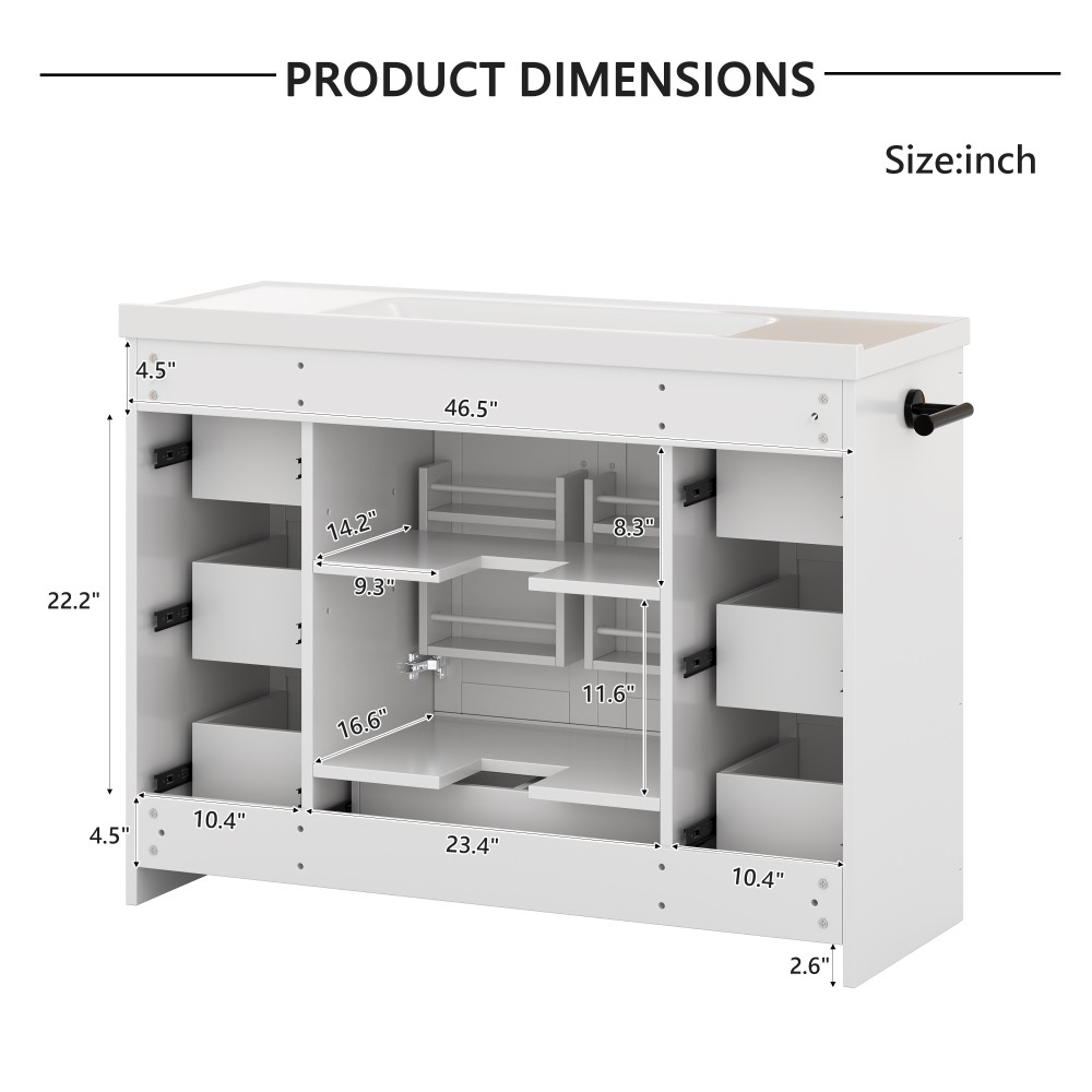 48in Bathroom Vanity W/Sink Ceramic Top Backsplash 6 Drawers Towel Bar Storage