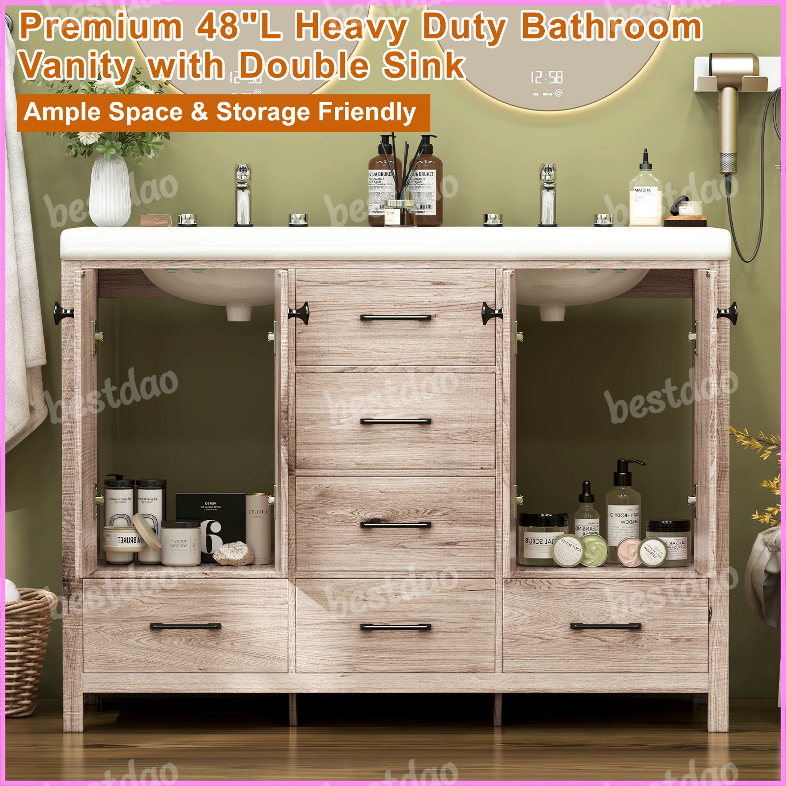 47″ Freestanding Bathroom Cabinet with Double Sink Black Vanity w/ Ceramic Sink