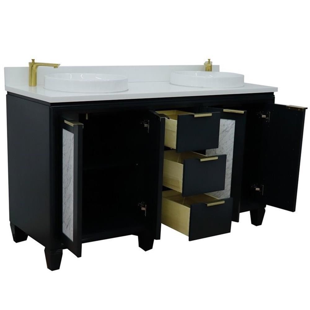Pemberly Row 61″ Double Round Sink Vanity in Dark Gray/White Quartz Stone