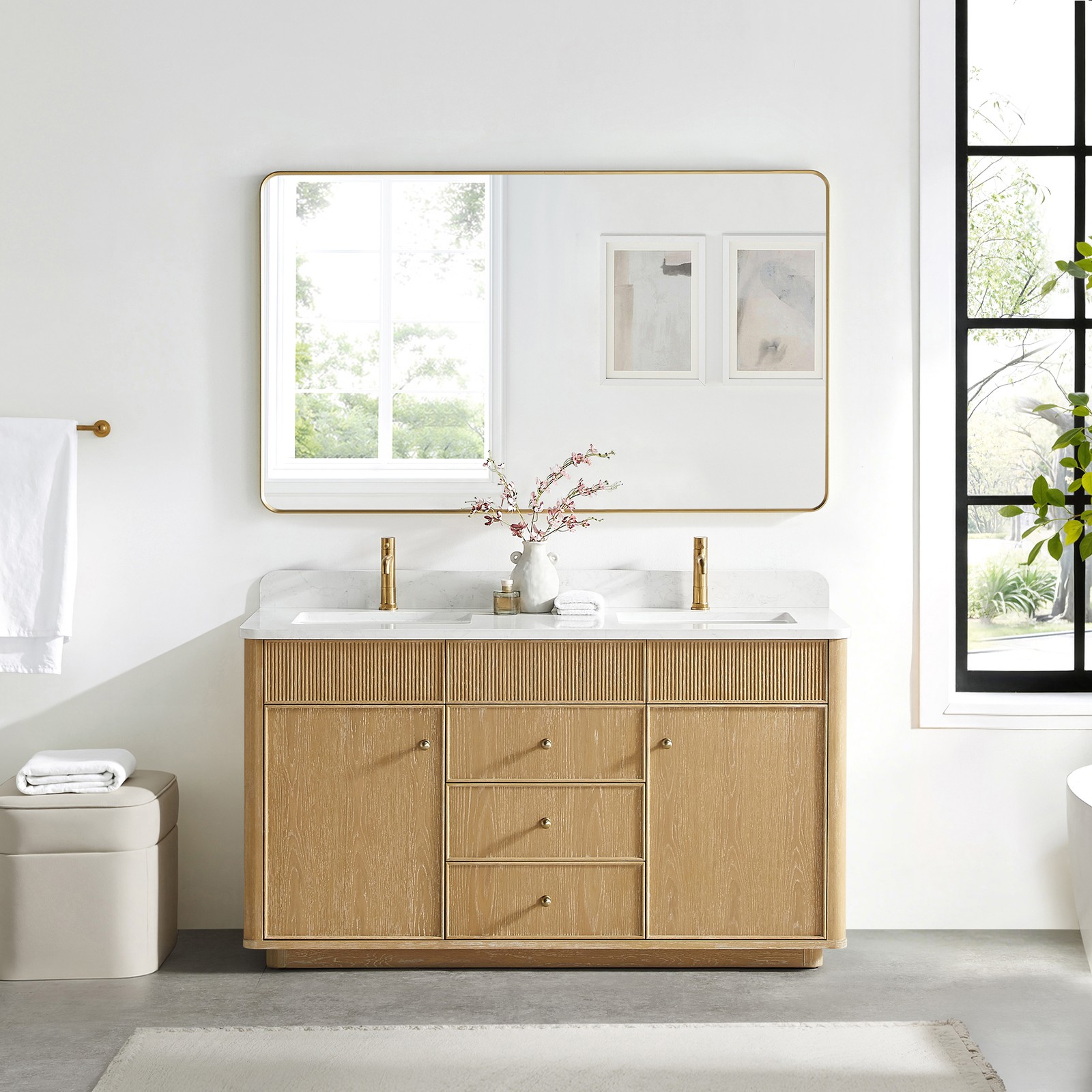 Zogno 60″ Solid Wood Double Bath Vanity in Washed Ash Gray with White Stone Top