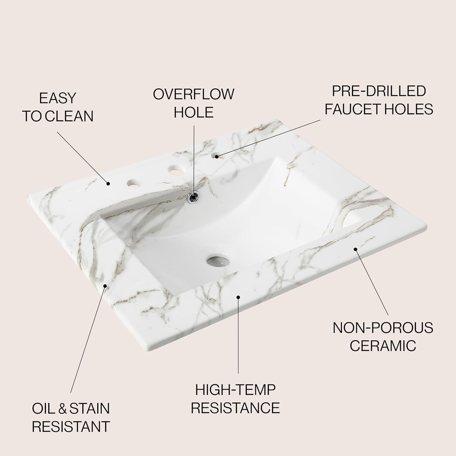 Elegant 24″ Ceramic Vanity Sink Top White Marble Effect Rectangular 3-Hole