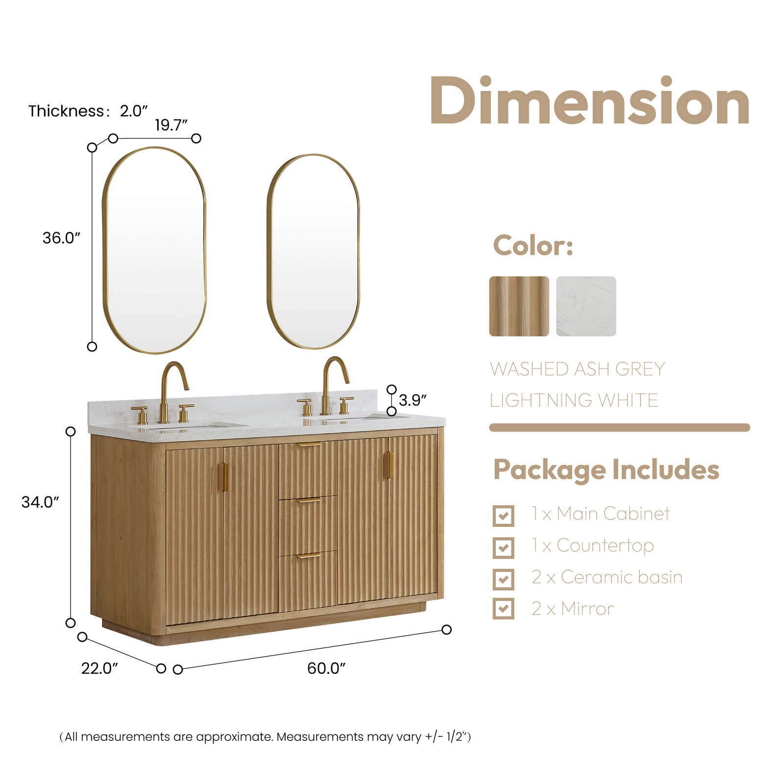 Cadiz 60″ Double Bathroom Vanity in Washed Ash Grey w/Lightning White top&Mirror