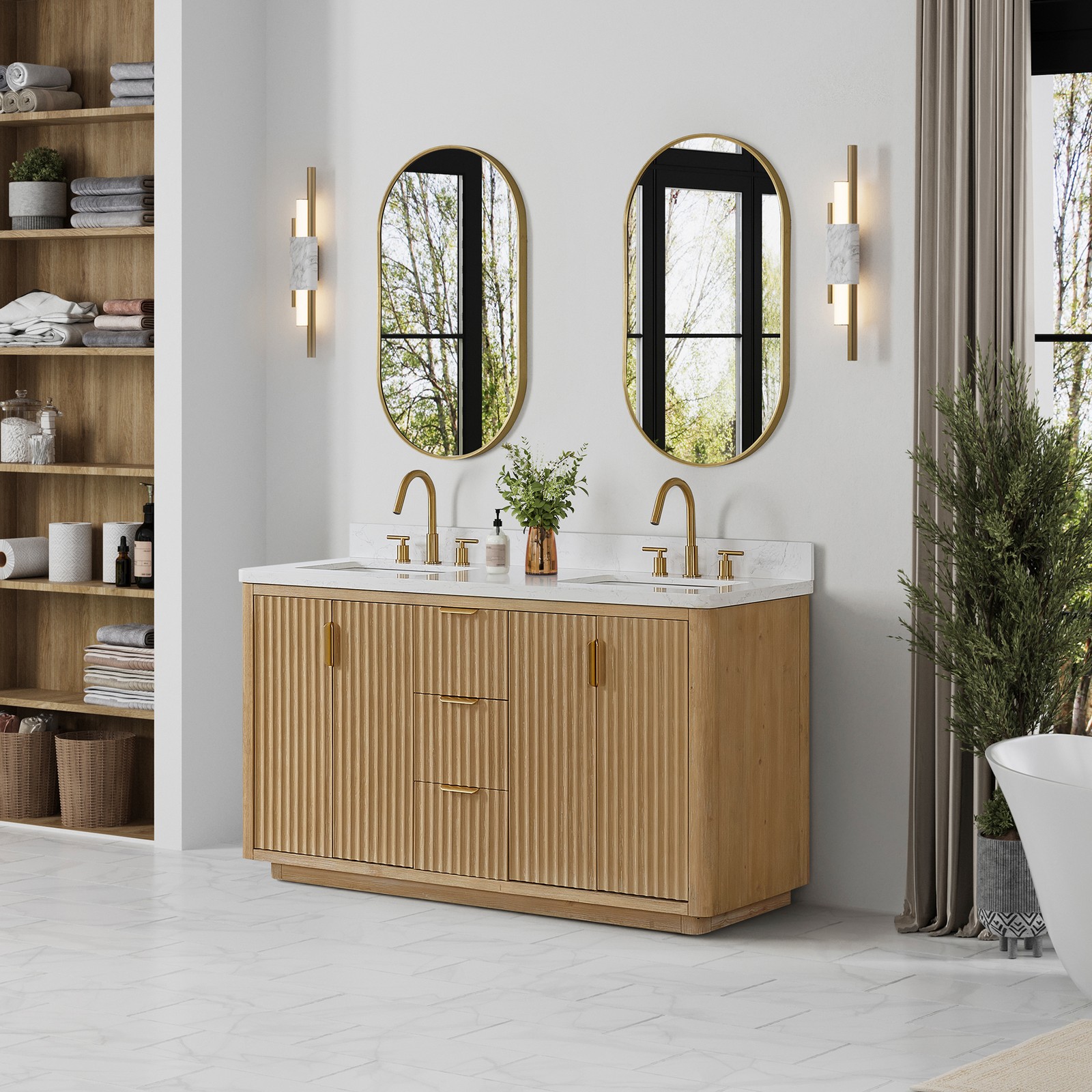 Cadiz 60″ Double Bathroom Vanity in Washed Ash Grey w/Lightning White top&Mirror