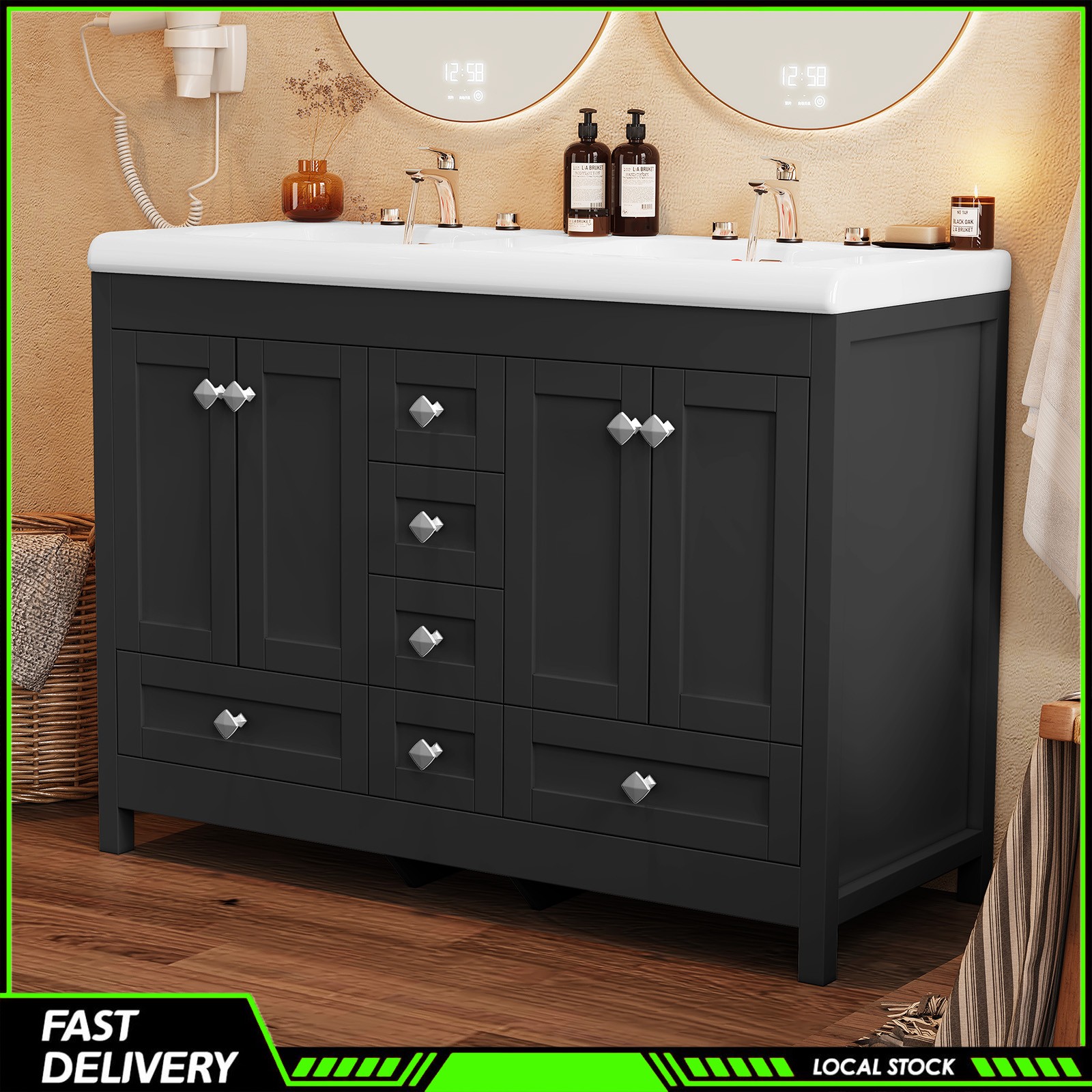 Modern 47 Inch Black Freestanding Bathroom Vanity Double Ceramic Sinks 5 Drawers