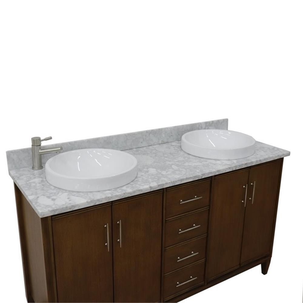 MCM 61″ Double Round Sink Vanity with White Marble Stone in Walnut