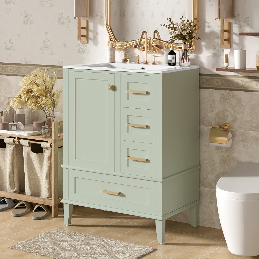 24.8″ Solid Wood MDF Bath Vanity Ceramic Sink Soft Close Door 3 Drawers Storage
