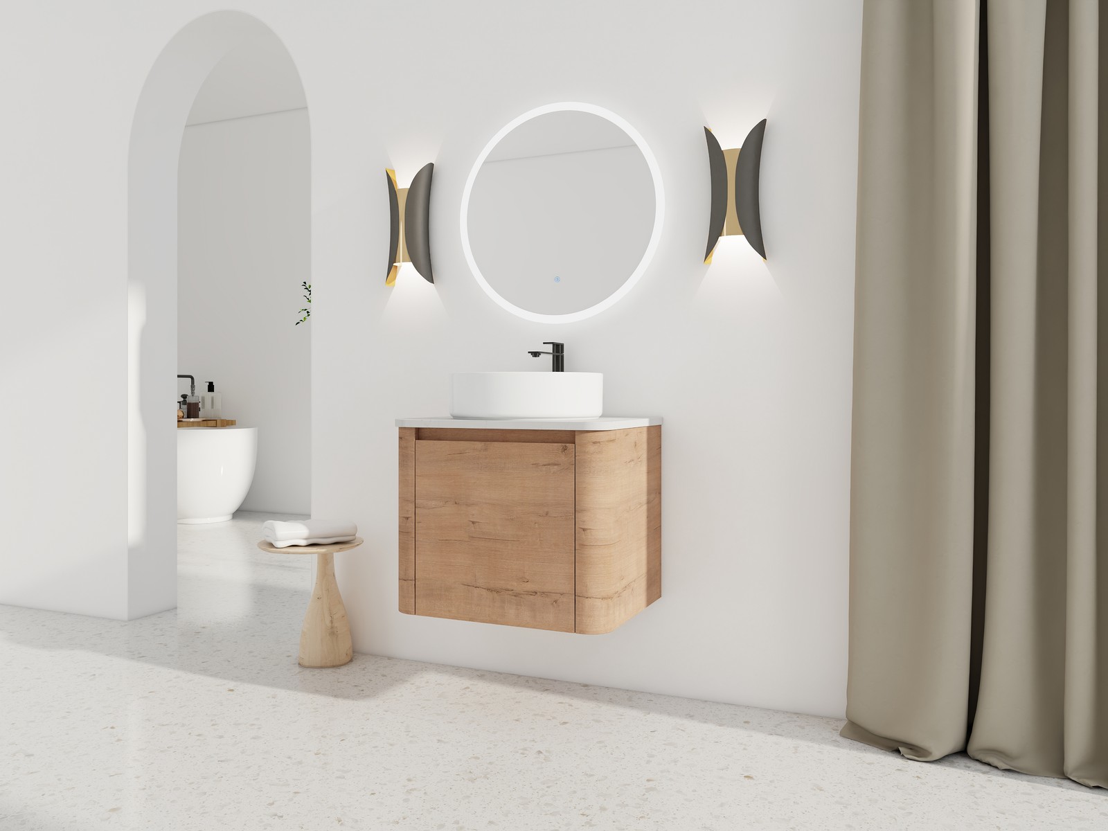 24 In Bathroom Vanity With White Flat Stone Slab Top White Ceramic Vessel Sink