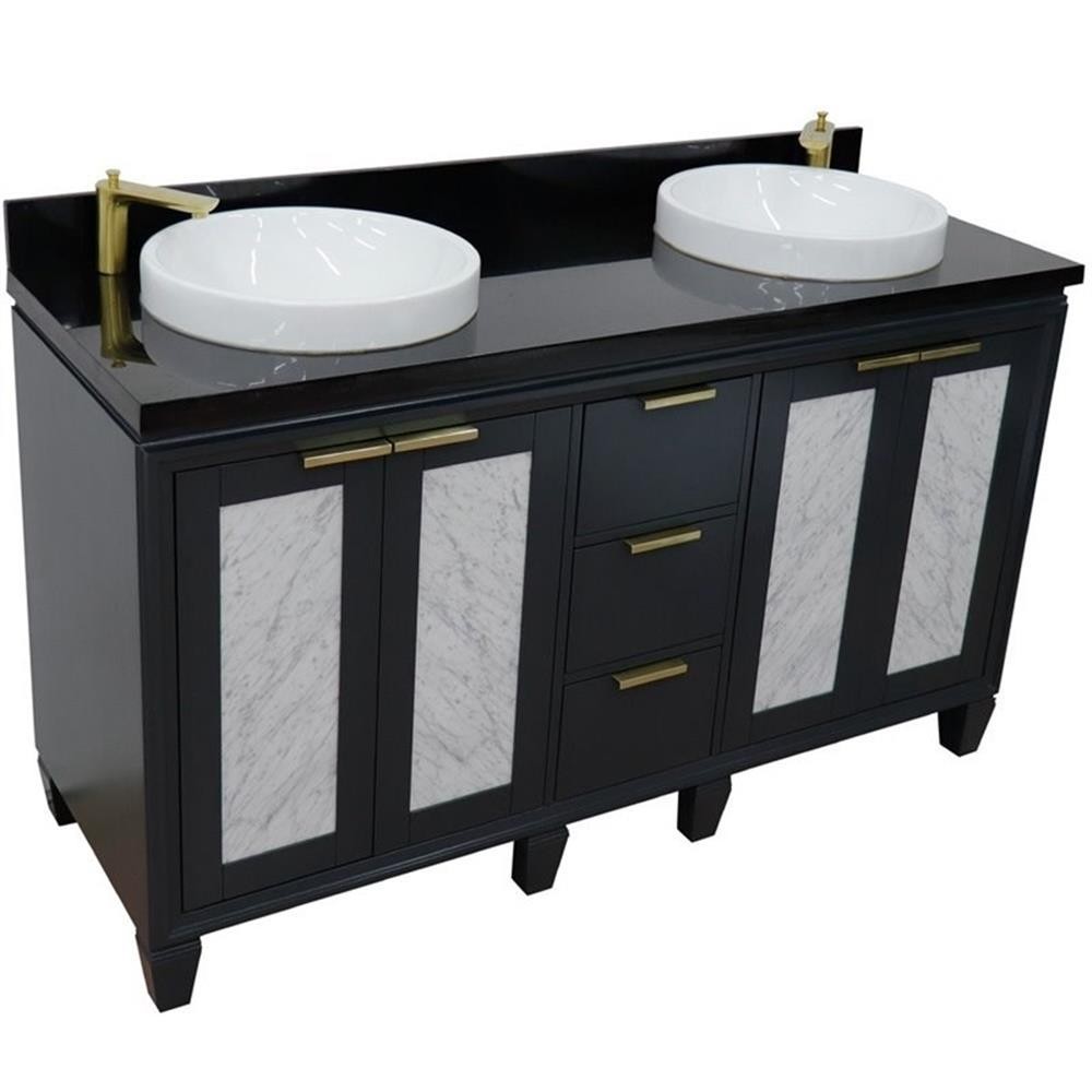 Pemberly Row 61″ Solid Wood Double Round Sink Vanity in Dark Gray/Black Galaxy