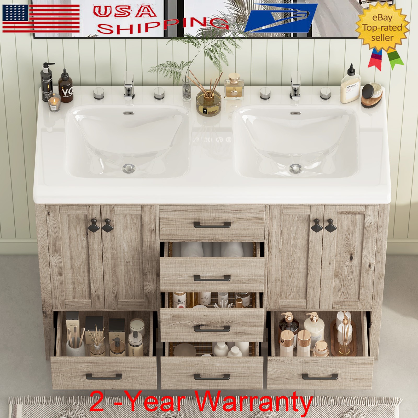 47.3″ Bathroom Vanity With Double Sink Stoarge Drawers Cabinets No Mirror Faucet
