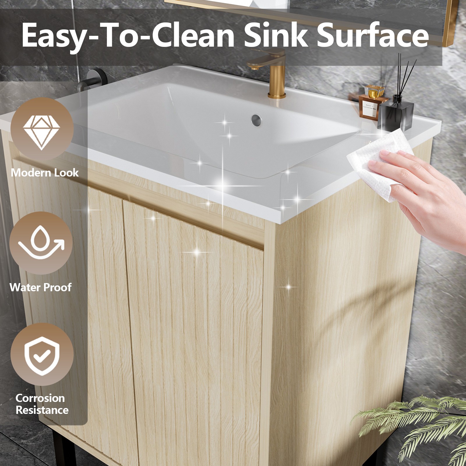 24 Inch Bathroom Vanity with Sink, Oak Finish, White Ceramic