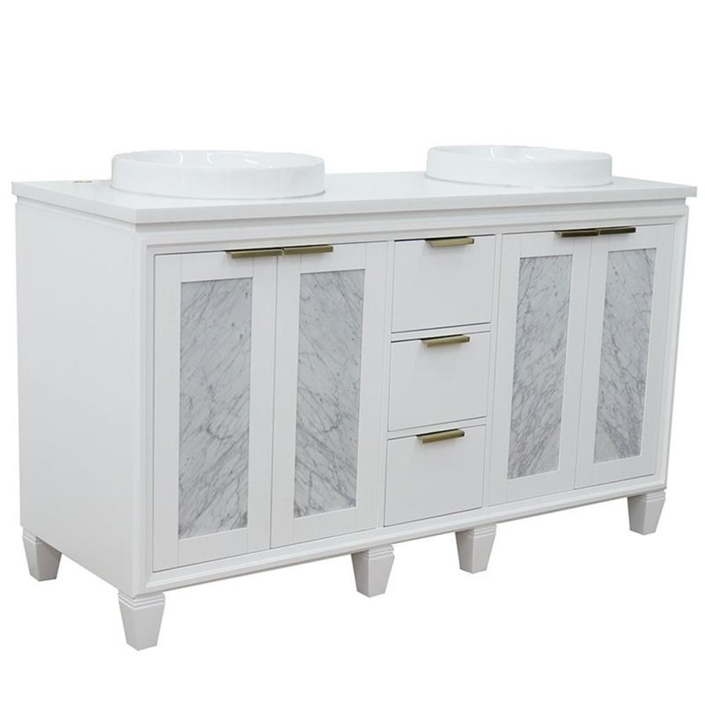 Pemberly Row 61″ Double Round Sink Solid Wood Vanity in White/White Quartz Stone