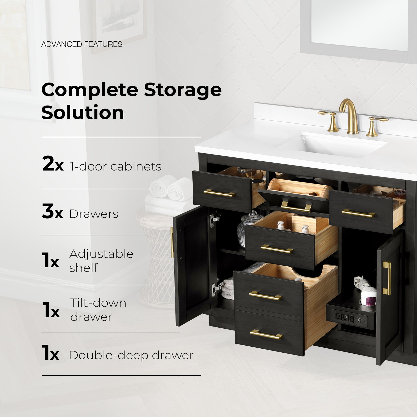 Bailey 42″ Bathroom Vanity in Matte Black Wood with White Countertop