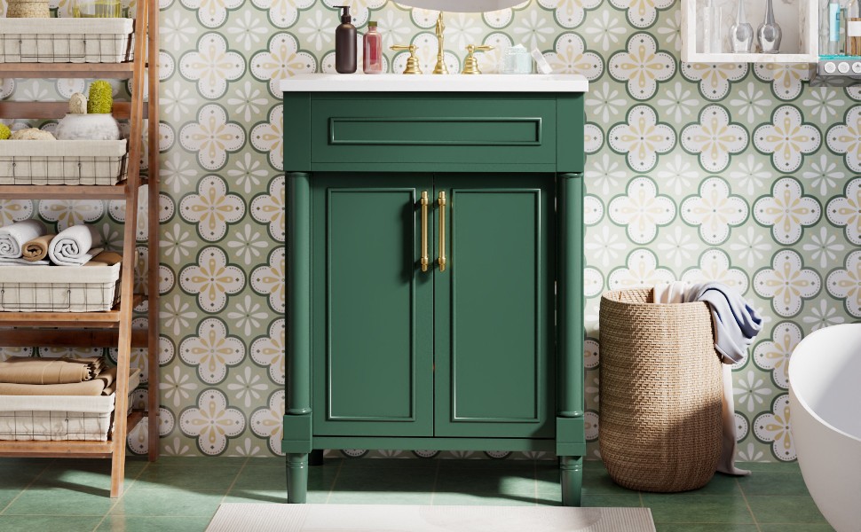 24 in Small Bathroom Vanity w/ Ceramic Sink & 2 Doors, Solid Wood&MDF, Green