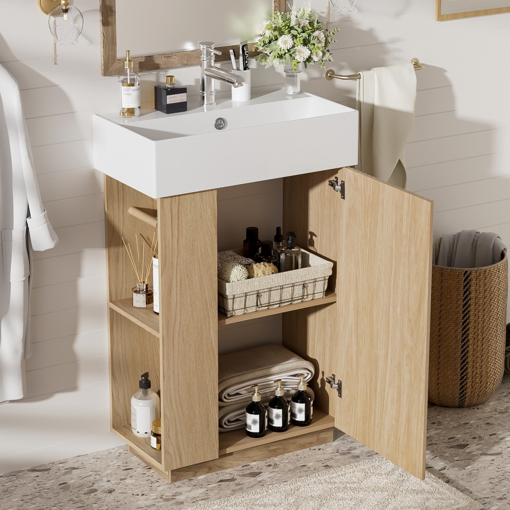 21.6″ Freestanding Bathroom Vanity w/Ceramic Sink, Wood Grain Cabinet,Storage