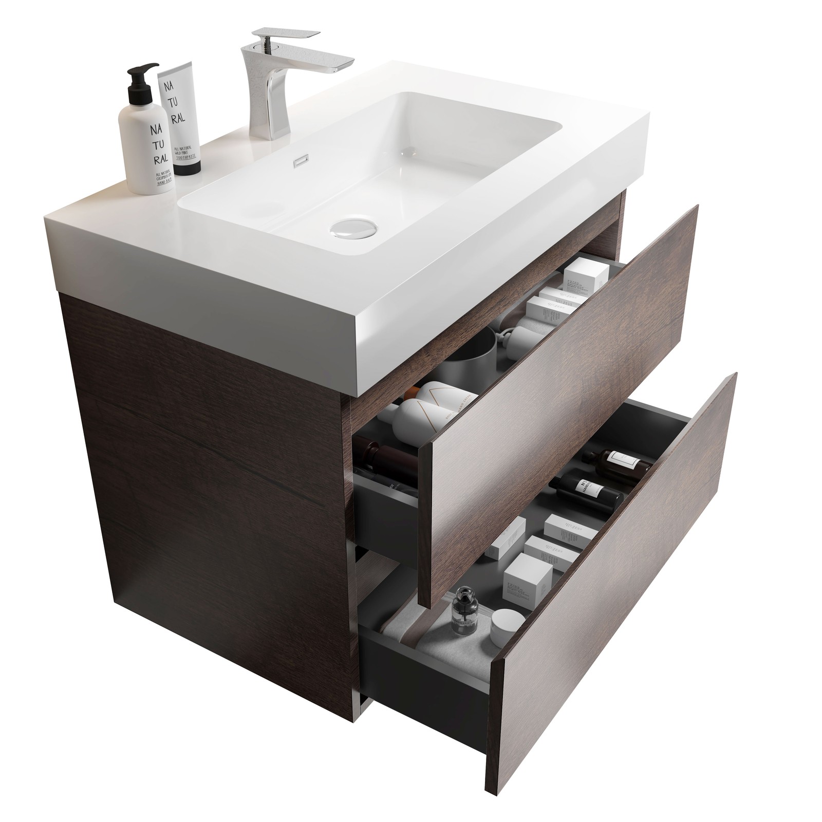 30″ Walnut Bathroom Vanity with Sink Wall Mounted Floating Design White Basin