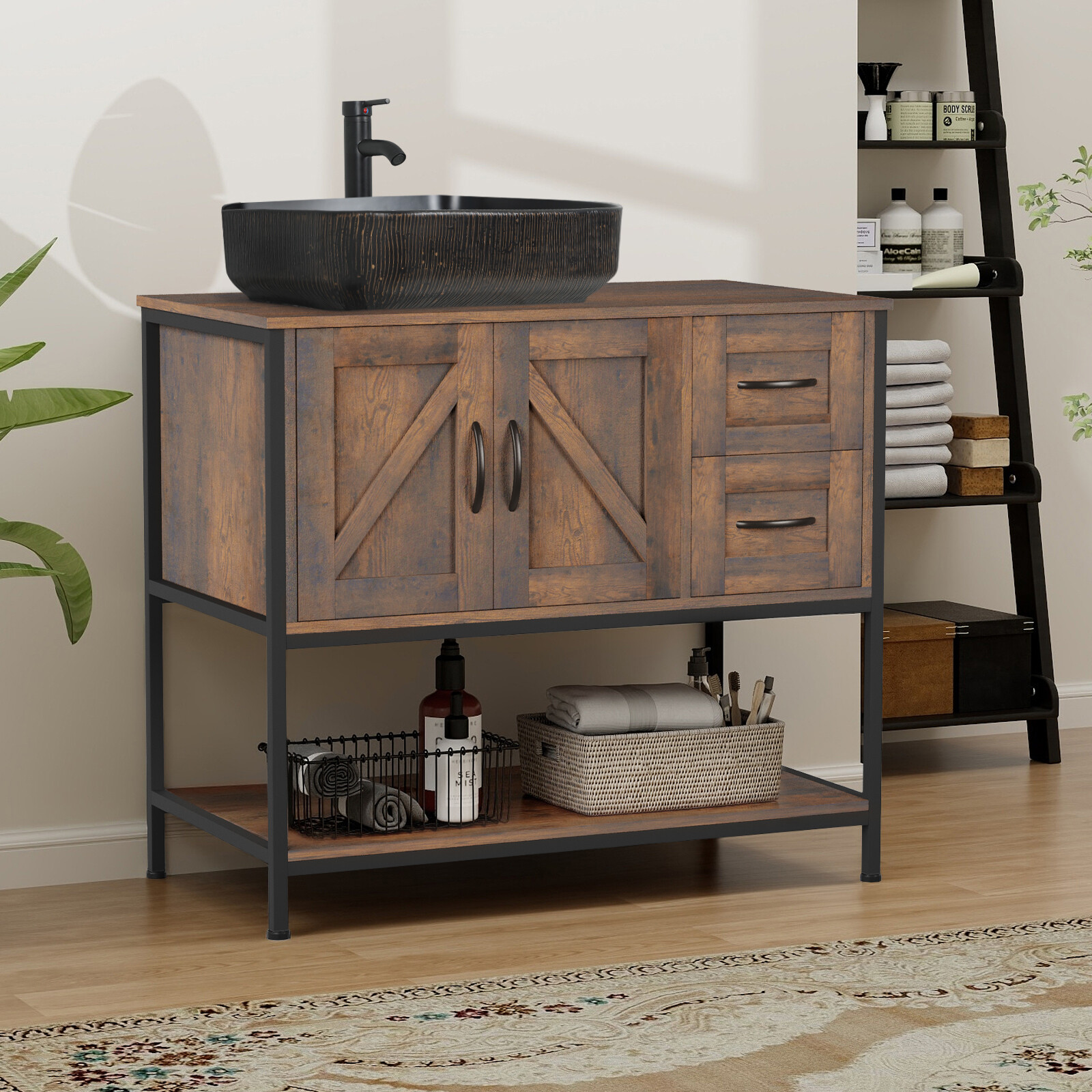 36″ Bathroom Vanity Cabinet Vessel Sink,2 Doors,Drawer&Storage Shelf Metal Frame