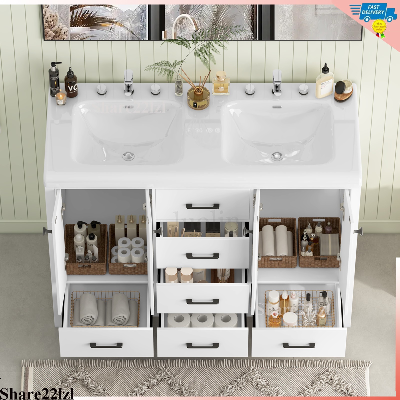 47″ Double Bathroom Vanity Wood Cabinet with Ceramic Sink Combo Set Freestanding