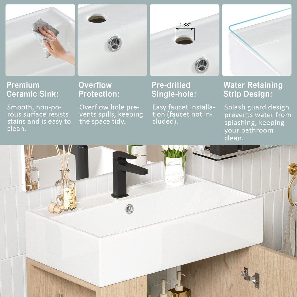 21.6″ Wood Bathroom Vanity，Ceramic Sink，Free-Standing Cabinet，Left Side Storage