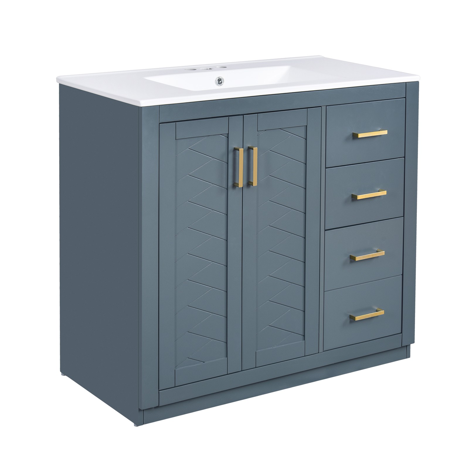 36″ Bathroom Vanity with Ceramic Sink, Solid Wood Frame, 3 Drawers & Doors