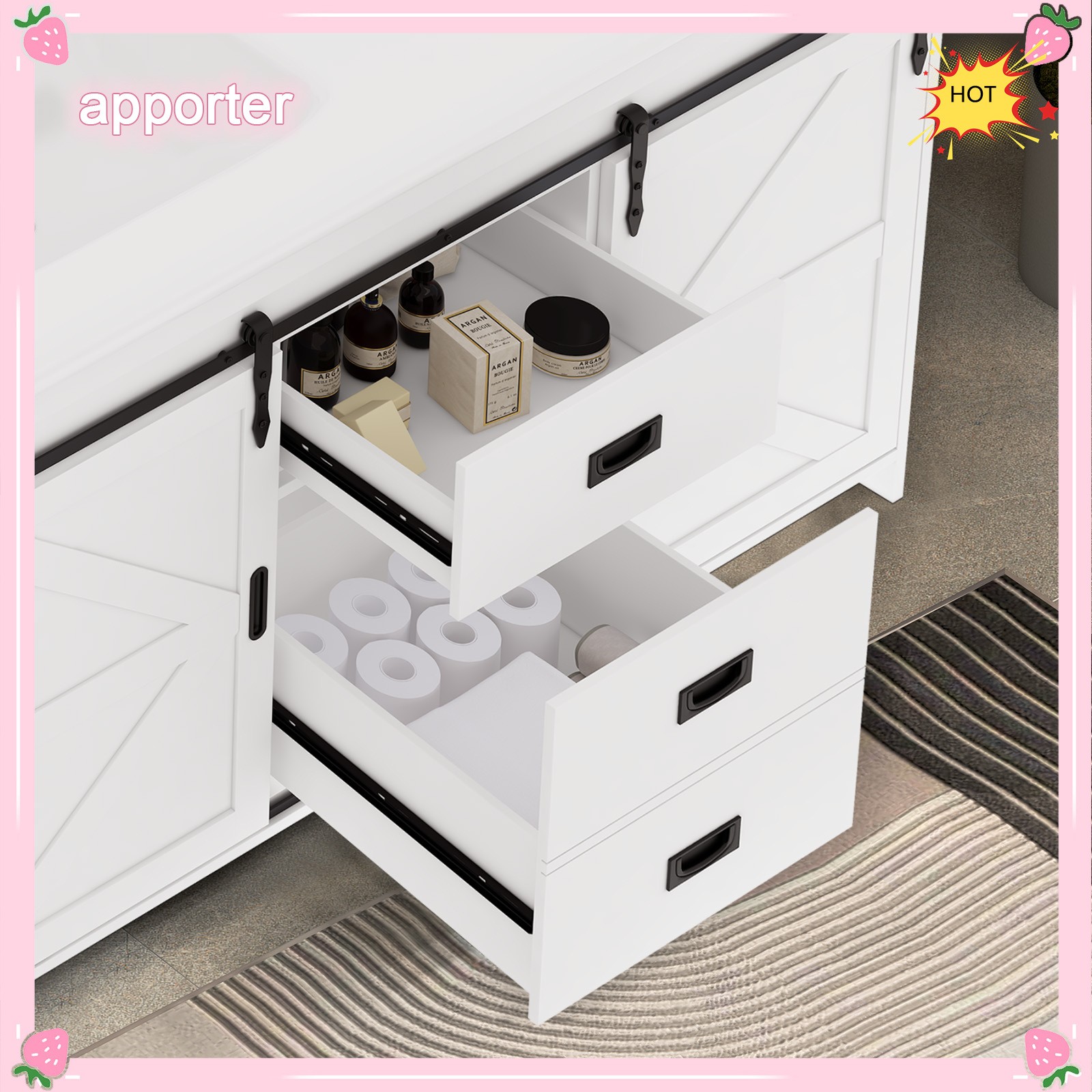 Yamissi Double Bathroom Vanity Cabinet Ceramic Sink with Sliding Doors 2 Drawers