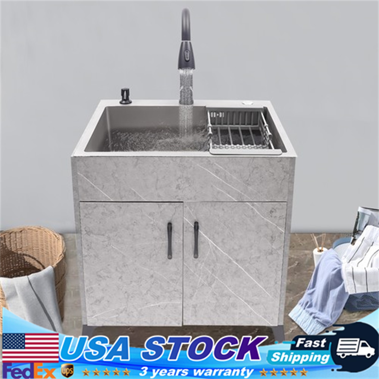 Modern Bathroom Vanity Free Standing Kitchen Cabinet Sink w/ Pull-out Faucet